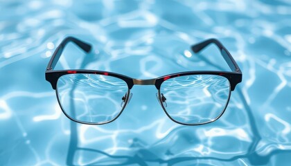 A pair of black eyeglasses rests on the surface of a clear blue swimming pool. The water reflects light, creating a shimmering effect around the glasses.