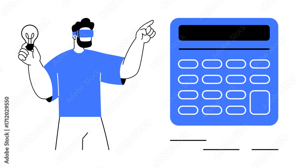 Wall mural man with lightbulb pointing at calculator with large buttons and screen. ideal for innovation, finan
