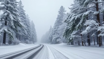 Snow-covered road surrounded by tall evergreen trees in a winter landscape. Foggy weather creates a serene atmosphere.