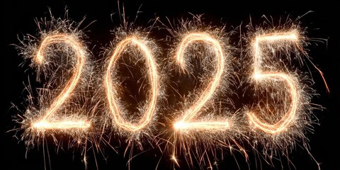 Sparkling 2025 celebration with bright golden fireworks on black background
