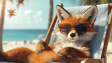 Cool Fox with Sunglasses Relaxing on the Beach – Cute Summer Illustration