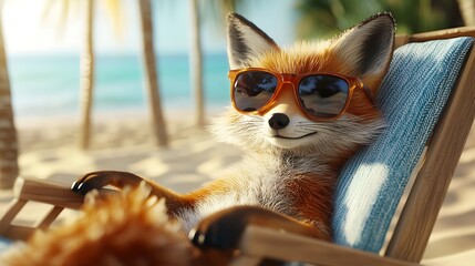 Cool Fox with Sunglasses Relaxing on the Beach – Cute Summer Illustration