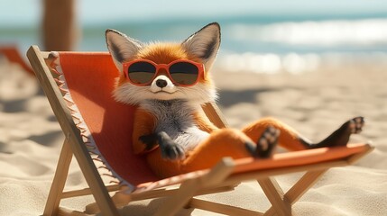 Cool Fox with Sunglasses Relaxing on the Beach – Cute Summer Illustration