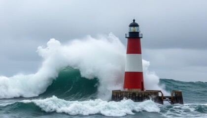 A red and white lighthouse stands on a rocky pier as large waves crash against it. The sky is overcast, creating a dramatic maritime scene.