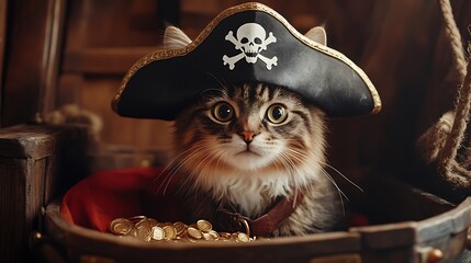 Pirate Cat with Treasure Chest &ndash; Funny Adventure Illustration