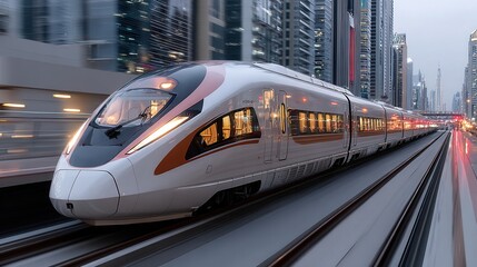 Naklejka premium Sleek white bullet train travels on tracks in modern Tokyo cityscape at dusk