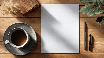 Morning coffee and blank white page on a wooden desk, bathed in sunlight, ready for ideas and planning