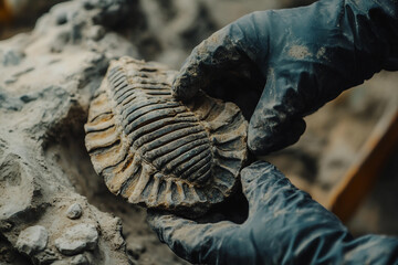 Archaeologist digging carefully in soil searching for ancient bones fossils or artifacts during field research