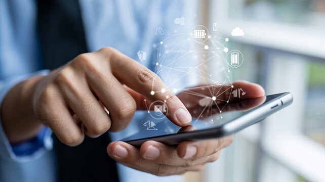 Hands using smartphone with digital network overlay, modern connectivity concept