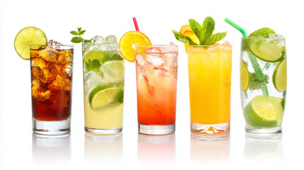 array of refreshing beverages, Colorful Summer Drinks adorned with fruit slices, ice, and garnishes. Perfect for parties, events, or promoting refreshment-focused advertisements.