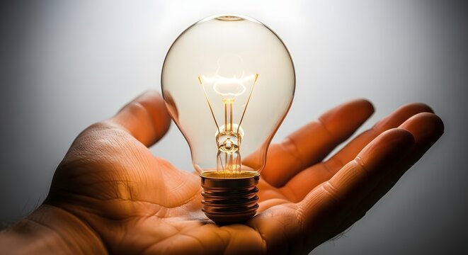 Hand holding a lit lightbulb symbolizing innovation and ideas.