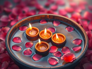 Diyas floating in a bowl of water with flower petals	