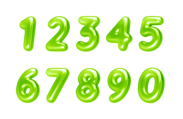 Glossy green 3d balloon numbers. Chrome font for eco design, party flyer, discount banner, birthday card, modern poster, digital template, isolated vector illustration
