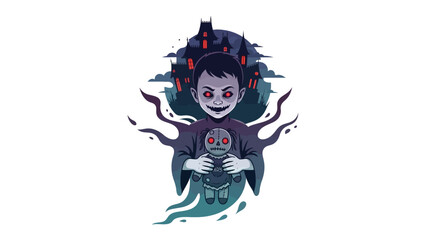 Shadow of the Night: An eerie illustration of a menacing child with unsettling red eyes holds a doll against a backdrop of a haunted house and swirling dark energy, perfect for Halloween.