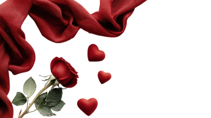 Red Rose and Hearts with Sparkling Fabric on Black Background