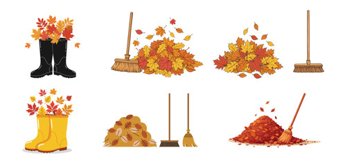 Leaf cleanup vector set with broom, piles of leaves, and boots on transparent background