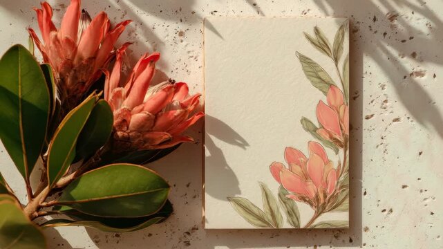 Blank greeting card with hand-drawn protea flowers on textured paper, lying on terrazzo surface beside real protea flowers and leaves