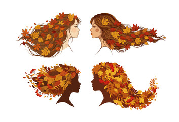Autumn girl vector set with leaves in hair on transparent background