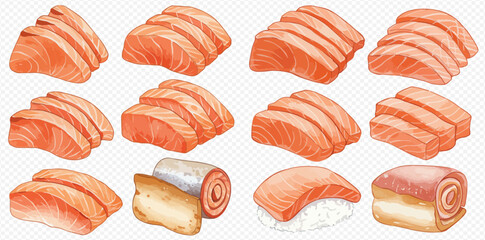 A watercolor illustration set of various Japanese salmon dishes, including sashimi, nigiri, and rolls on a transparent background.