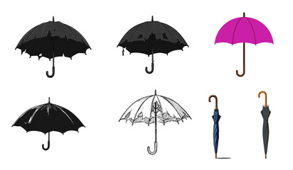 Umbrella vector set with broken, folded, and cane umbrellas on transparent background