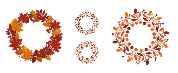 Autumn leaves and berries wreath vector set on transparent background