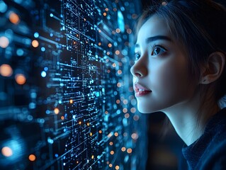 A young woman contemplates a vast futuristic digital network interface filled with intricate blue and orange glowing lights representing data streams