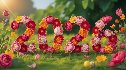 Vibrant floral arrangement of number 2026 created with colorful blooming flowers symbolizing beauty and celebration