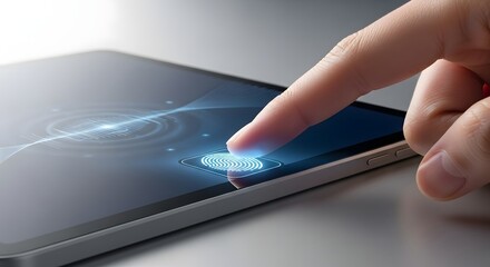 Finger Touching Fingerprint Sensor on Tablet.