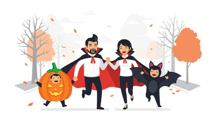 Halloween Family Fun: A cheerful family dressed in playful costumes joyfully strolls outdoors, perfectly embodying the spirit of Halloween and its festive atmosphere.