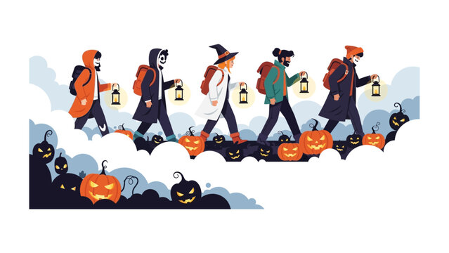 Halloween Hikers: A collection of illustrated figures, each in unique costumes, carries lanterns as they traverse a whimsical landscape adorned with jack-o'-lanterns and mystical clouds.