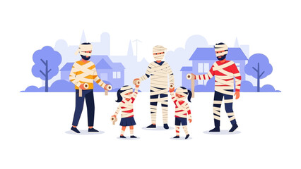 Mummy Family Gathering: A heartwarming and playful family dressed as mummies gathering in front of houses on Halloween night, sharing smiles and creating memories. 