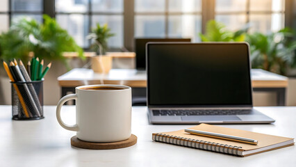 Modern Workspace with Coffee Mug, Notebook, and Laptop – Cozy Productivity Setup