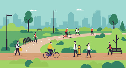 A park scene depicts people walking cycling on a paved path Trees bushes benches and city buildings are in the background