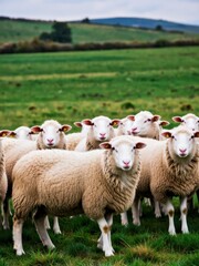 Obraz premium Sheep grazing in green pastures countryside farm nature photography scenic environment wide angle rural life