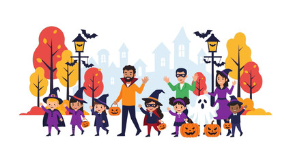 Happy Halloween Parade: A cheerful parade of costumed children and adults, overflowing with playful energy, parades through a Halloween-themed town. Featuring pumpkins and lanterns.