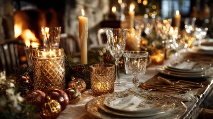 Fototapeta premium An elegant christmas table setting with red and gold decorations