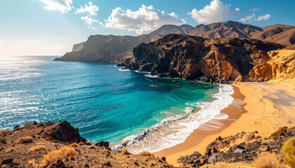 Realistic photography, advertising style. Wide shot of a wild beach with volcanic high fidelity 2