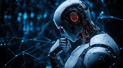 Pensive futuristic robot contemplates digital connections in a high tech cyber environment