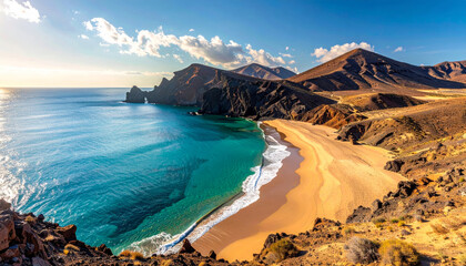 Realistic photography, advertising style. Wide shot of a wild beach with volcanic high fidelity 1
