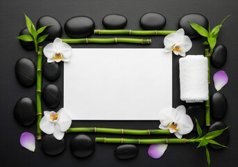 A blank paper mockup in a serene frame of spa elements like stones bamboo and flower petals