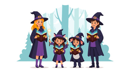 A Spellbinding Quartet: A quartet of enchanting figures, adorned in vibrant witch attire, immerse themselves in the pages of ancient spellbooks, their faces alight with the magical glow.