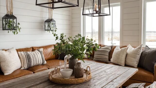 Modern farmhouse lounge with white shiplap walls, brown leather sofa, rustic table, and lantern fixtures