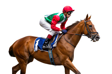 Jockey in Red and Green Riding a Brown Horse with Number 1 racing equestrian isolated on a transparent background