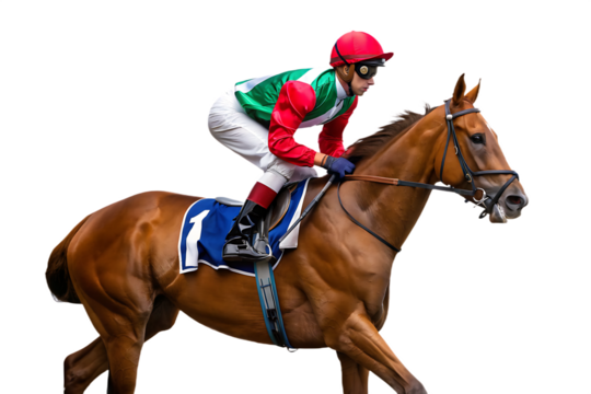 Jockey in Red and Green Riding a Brown Horse with Number 1 racing equestrian isolated on a transparent background