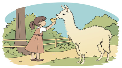 Girl feeding a llama in a park illustration cute cartoon animal childrens book petting zoo wildlife nature scene farm animal friendly llama adorable girl happy scene animal care outdoo.
