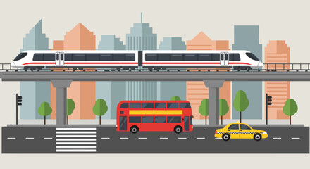 A cityscape illustration An elevated train red doubledecker bus and yellow taxi on the road Buildings in background © hermas