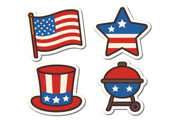 Set of patriotic American stickers for 4th of July. USA Independence Day celebration icons. Vector flat cartoon illustration with flag, star, Uncle Sam hat and BBQ grill.