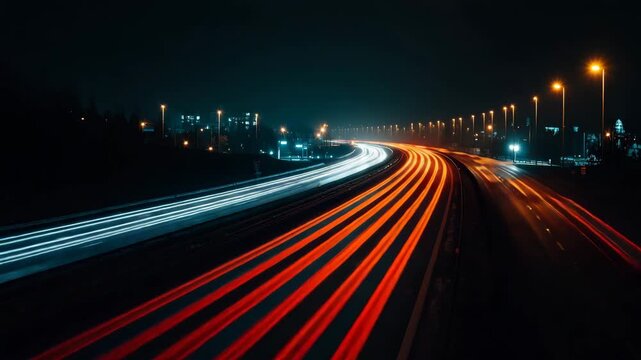 Night traffic moving along a multilane highway with glowing red and white lights under clear dark sky,