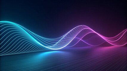 Abstract glowing neon wave of digital particles in vibrant blue and pink hues