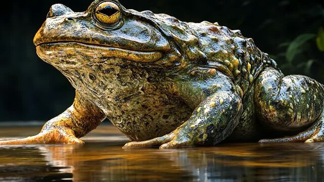 Close up of a large toad sitting in shallow water.